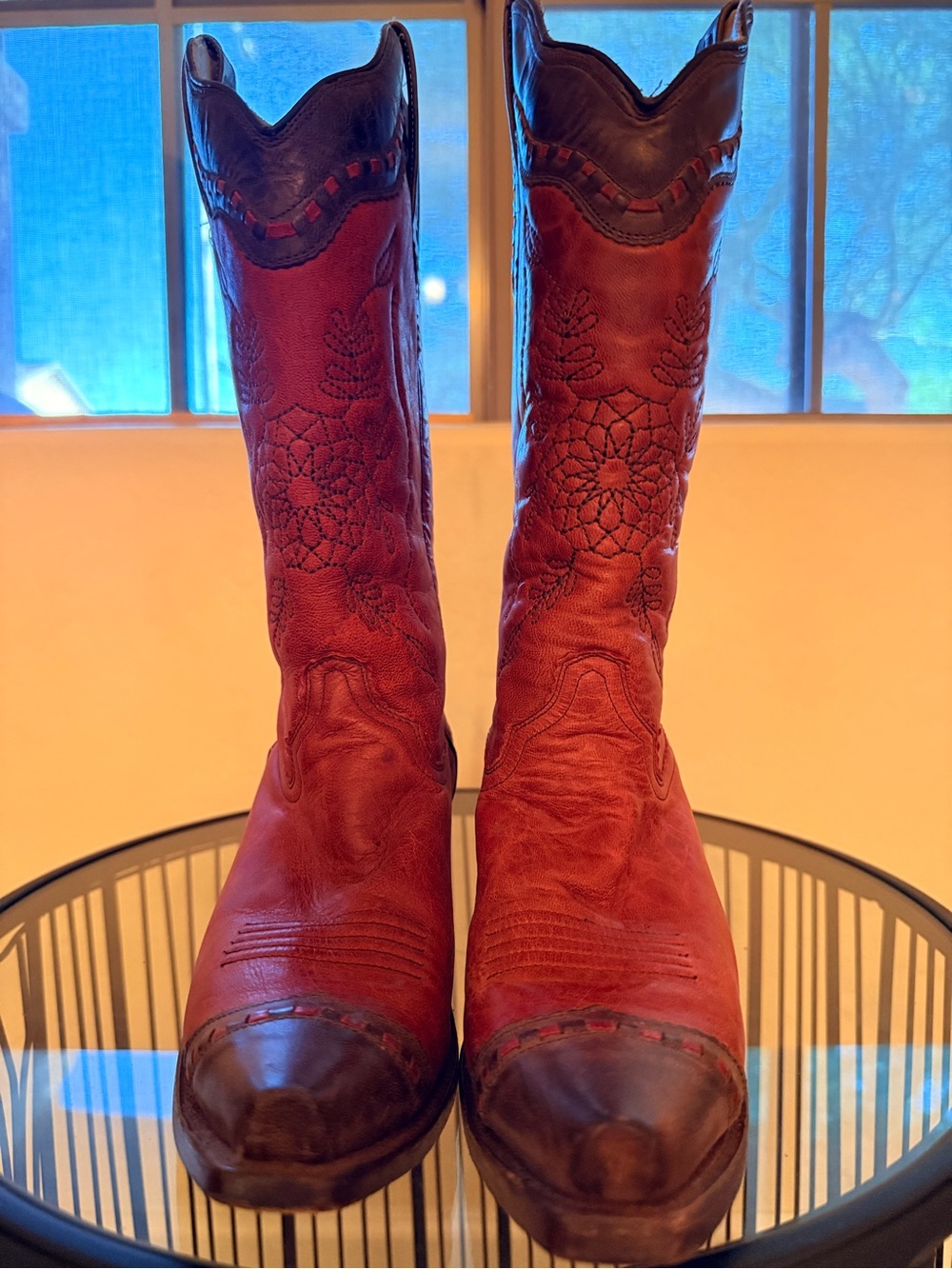 Womens Red Leather Heeled Cowboy Boots